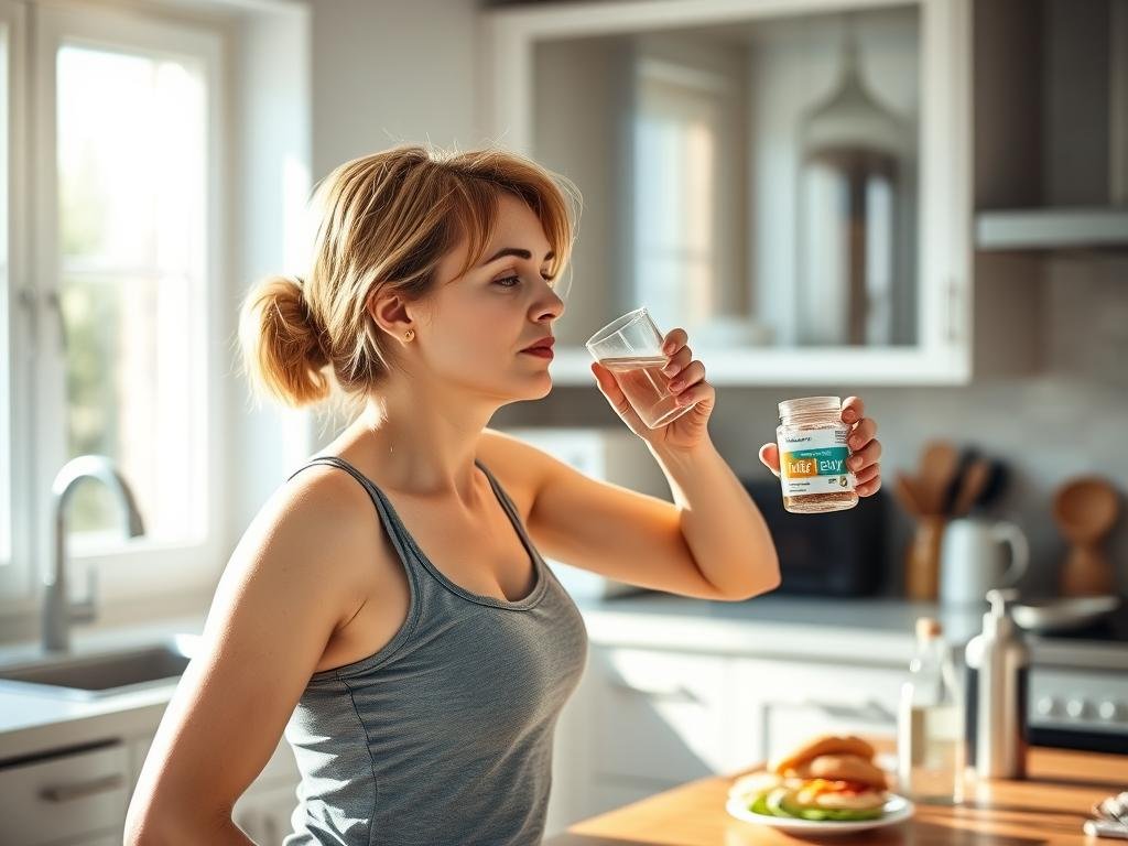 Woman taking Mitolyn supplement as part of her morning routine for the 6–12 Month Mitolyn Weight Loss Plan